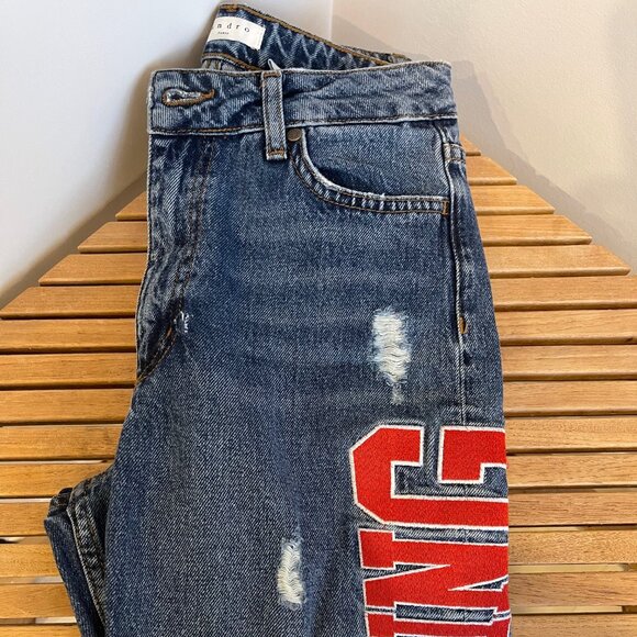 Sandro Designer Tapered Embroidered Leg Jeans, Size 34/ XS - Picture 1 of 4